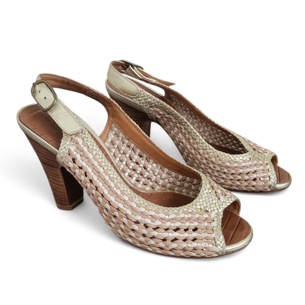 Chie Mihara Metallic Woven Genuine Leather Open Toe Slingback Heels Pumps sz 6
